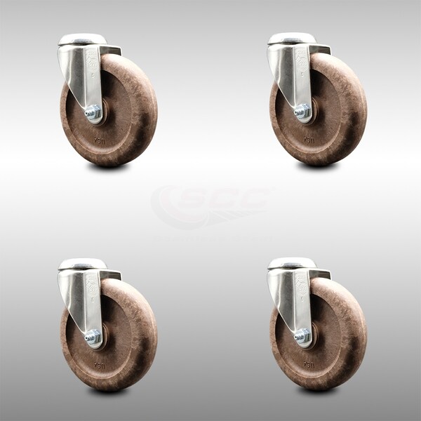 5 Inch 316SS High Temp Glass Filled Nylon Wheel Swivel Bolt Hole Caster Set SCC